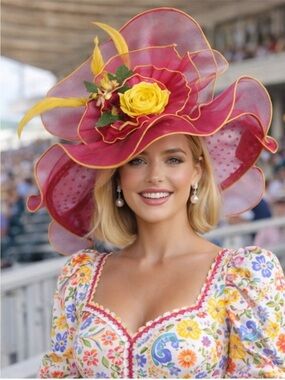 Kentucky Derby Hat Ky Oaks Organza Feather Pink Polka and Yellow Floral Hat